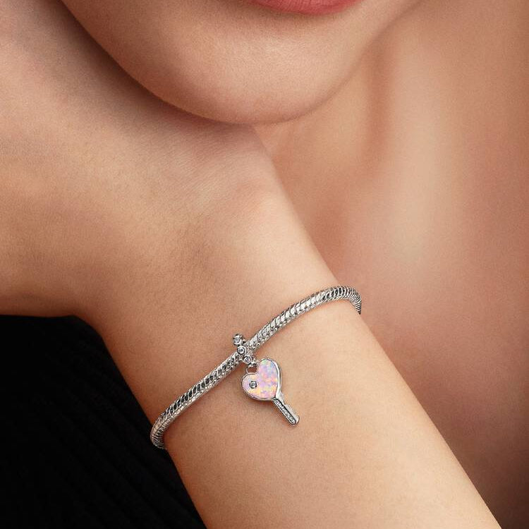 Pink Opal and Zirconia Heart & Key Pandora Charm