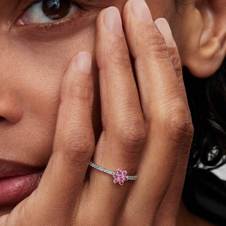 Sparkling Pink Flower Pandora Ring