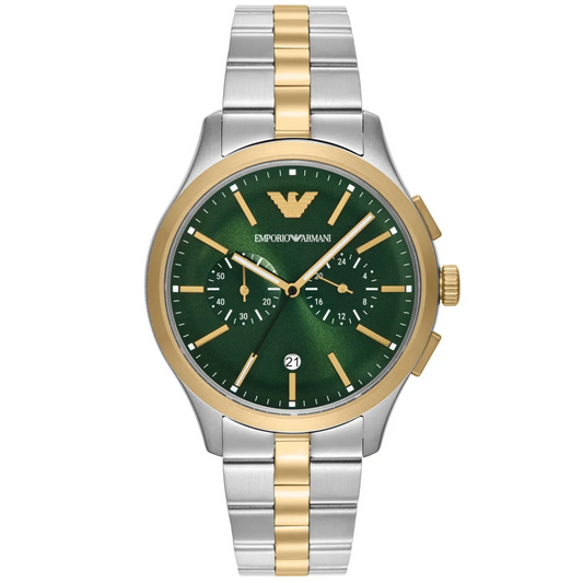 Emporio Armani Chronograph Two Tone Gents Stainless Steel Green Dial Watch