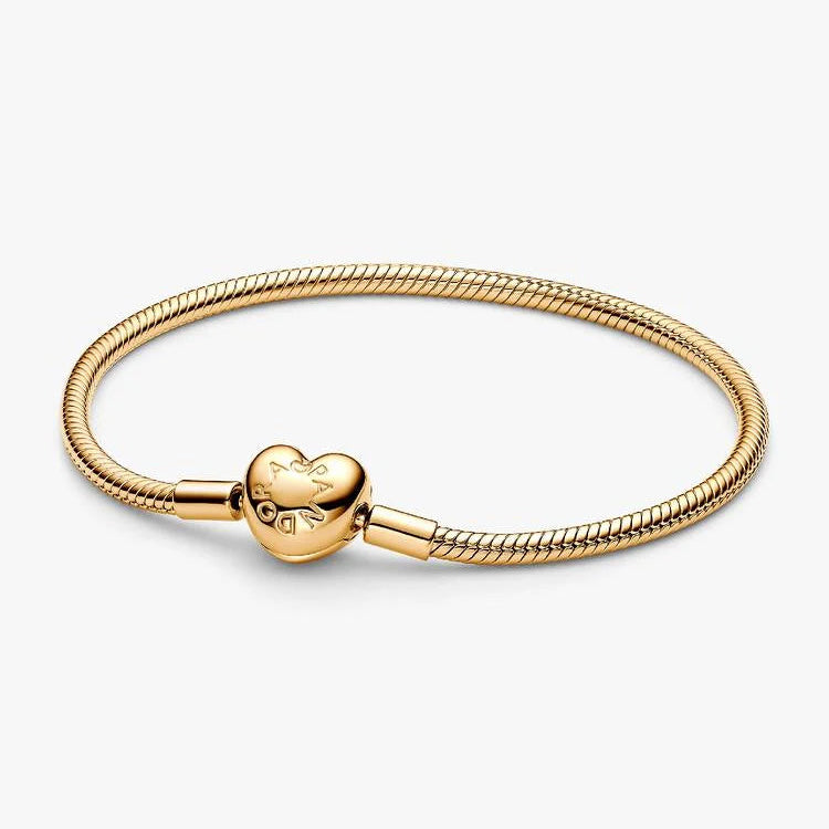 14ct Gold on Silver Pandora Moments Heart Clasp Snake Chain Bracelet