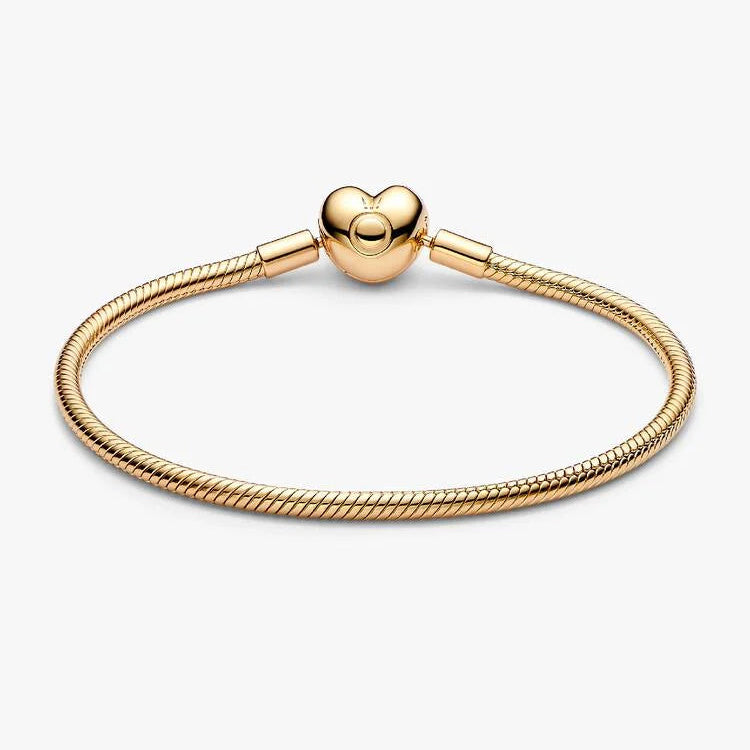 14ct Gold on Silver Pandora Moments Heart Clasp Snake Chain Bracelet