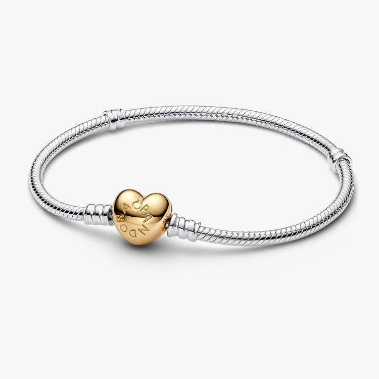 14ct Gold on Heart Clasp Silver Snake Chain Pandora Bracelet