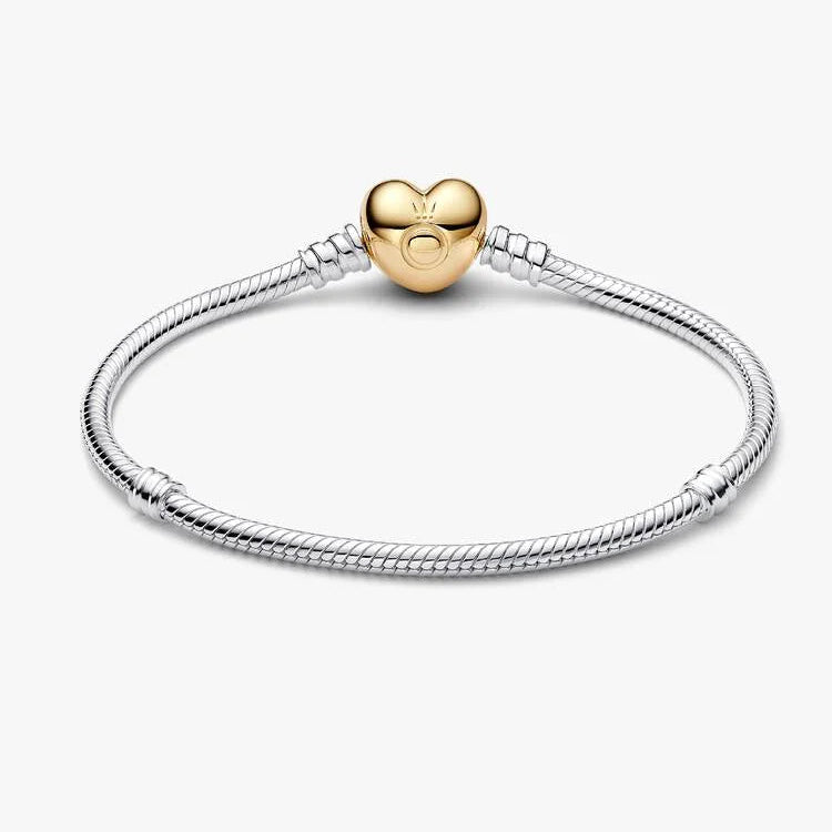14ct Gold on Heart Clasp Silver Snake Chain Pandora Bracelet