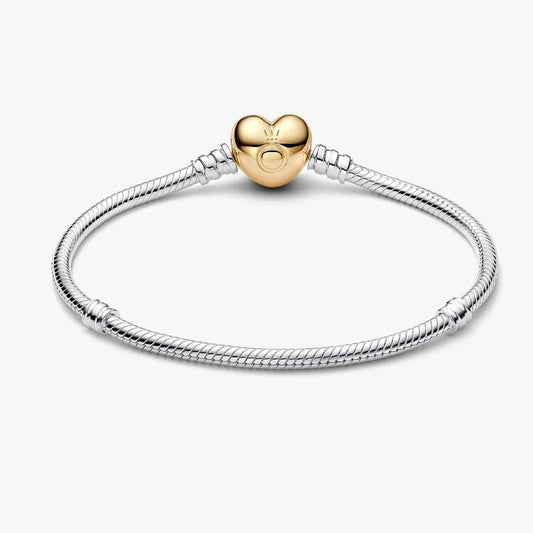 14ct Gold on Heart Clasp Silver Snake Chain Pandora Bracelet