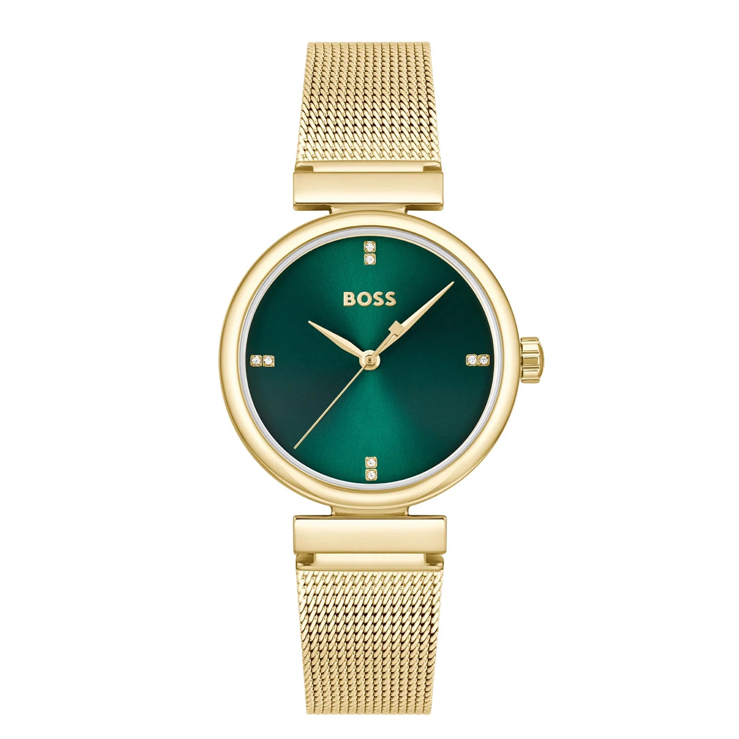 BOSS ROSEHILL GREEN DIAL LADIES GOLD MESH WATCH
