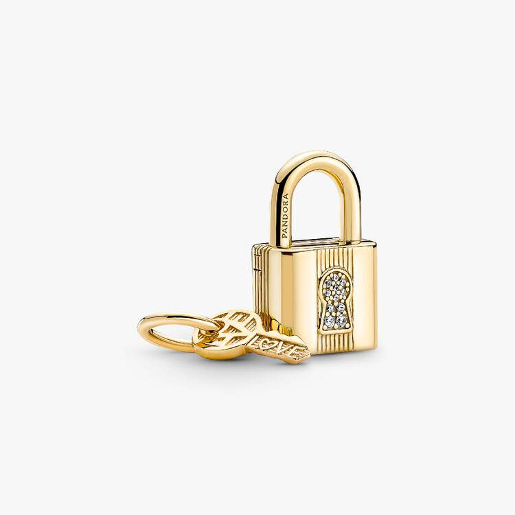14ct Gold on Silver Padlock & Key Dangle Pandora Charm