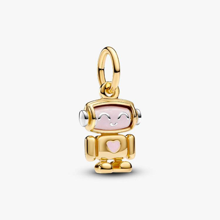 14ct Gold on Silver Spinnable Face Robot Dangle Pandora Charm