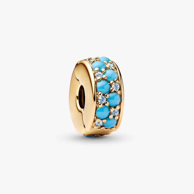 14ct Gold on Silver Aqua Blue Clip Pandora Charm