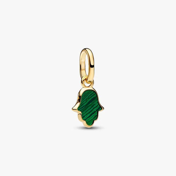 14ct Gold on Silver Green Hamsa Hand Mini Dangle Pandora Charm