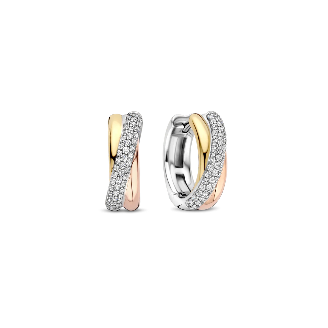 TISENTO CZ CROSSOVER TRI-COLOUR HOOP EARRINGS