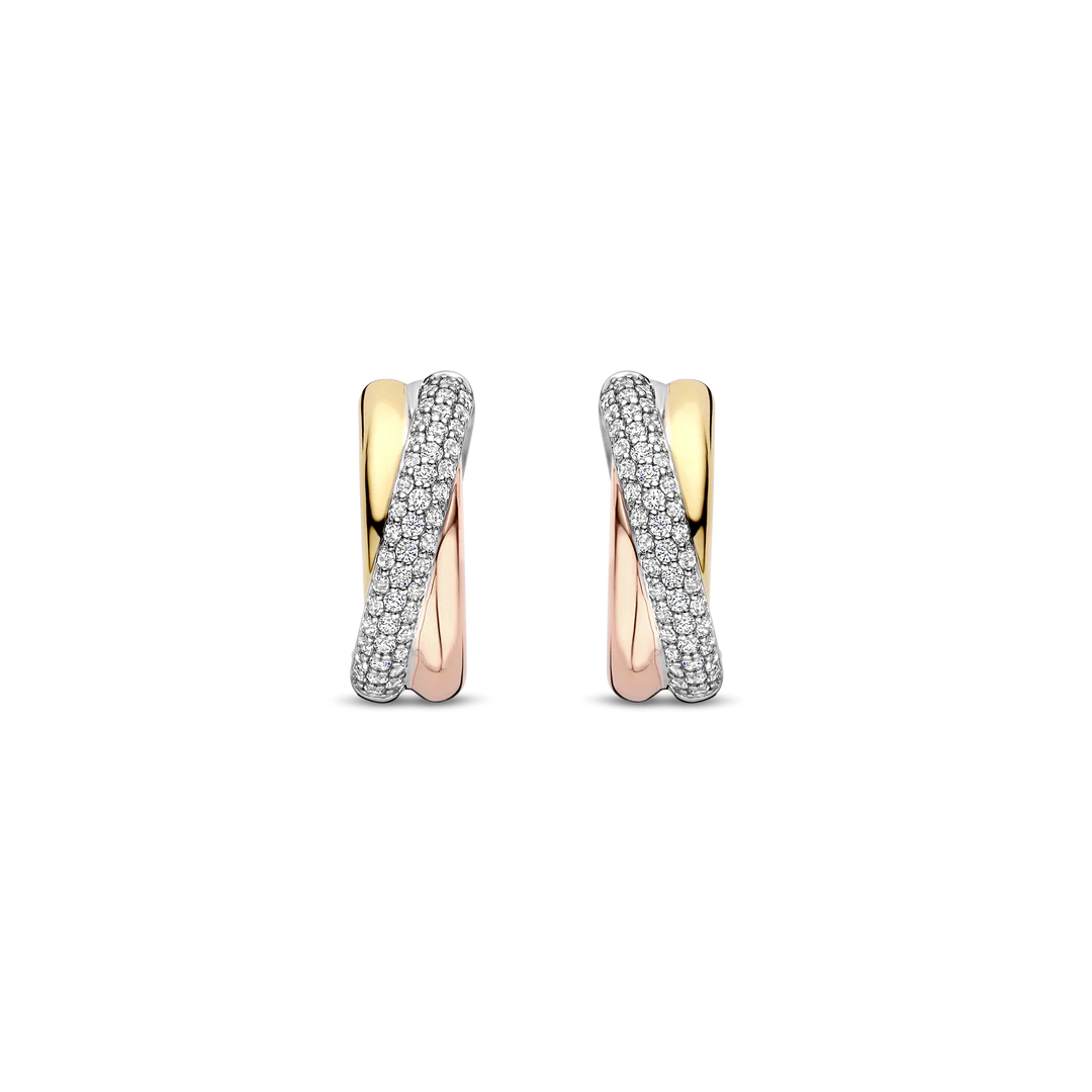 TISENTO CZ CROSSOVER TRI-COLOUR HOOP EARRINGS