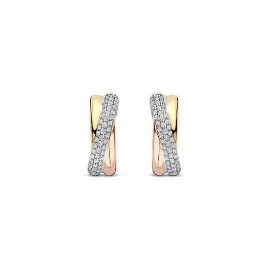 TISENTO CZ CROSSOVER TRI-COLOUR HOOP EARRINGS
