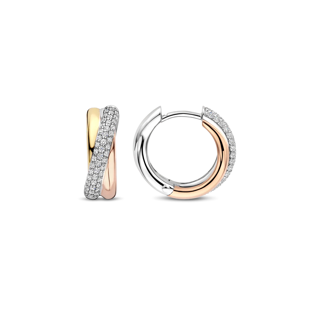 TISENTO CZ CROSSOVER TRI-COLOUR HOOP EARRINGS