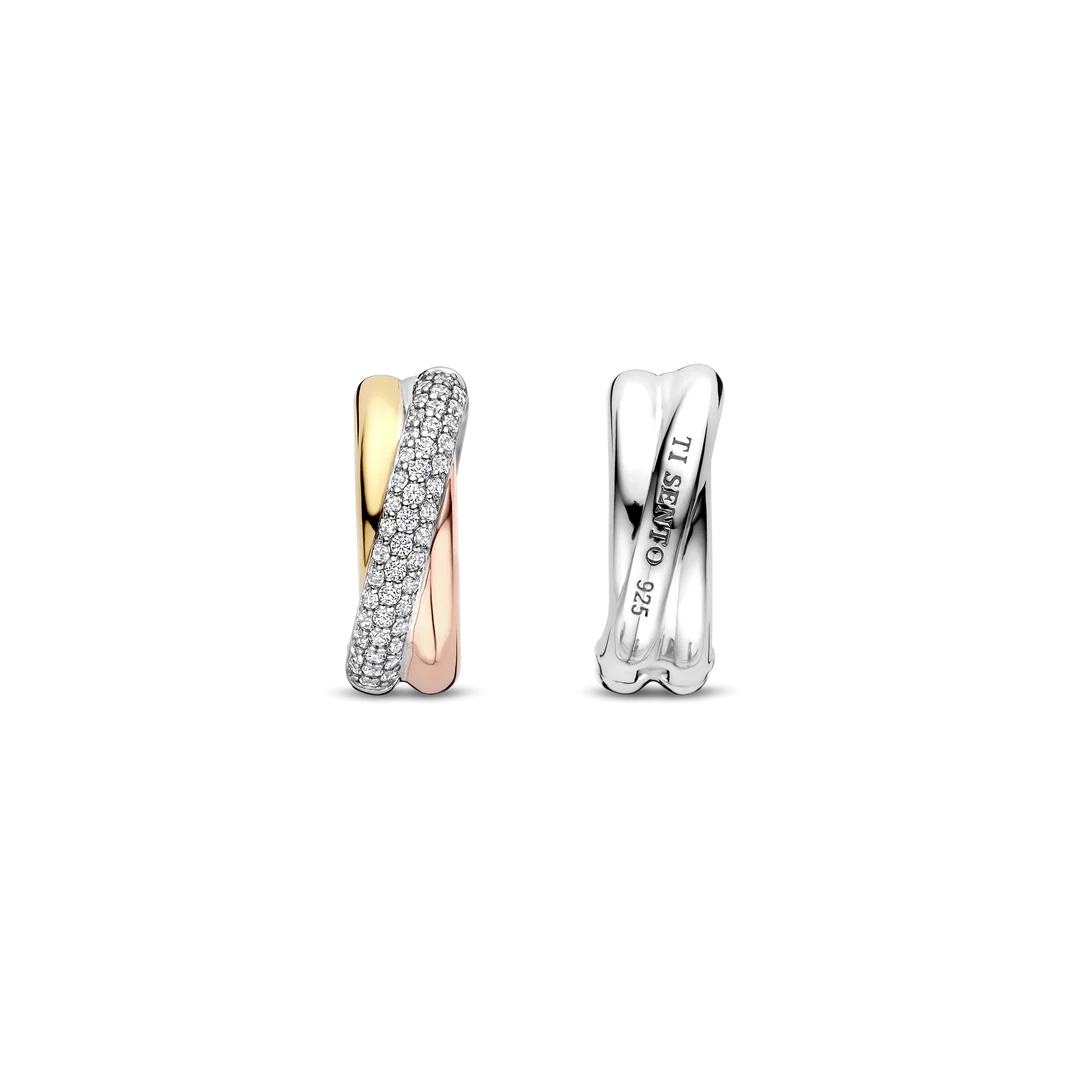 TISENTO CZ CROSSOVER TRI-COLOUR HOOP EARRINGS