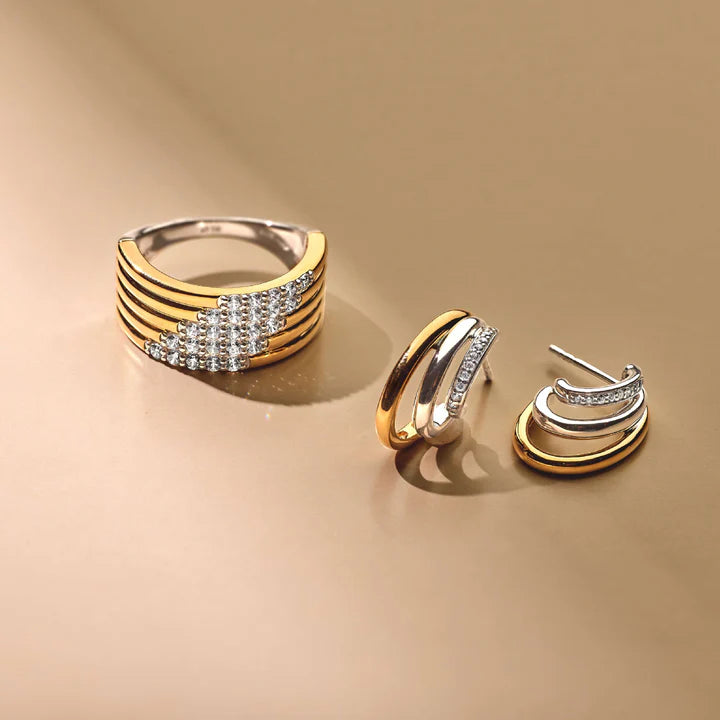 TISENTO TWO-TONED TRIPLE ROW HALF HOOP EARRINGS