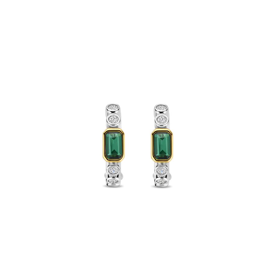 Tisento 15mm Two-Toned Baguette Green Zirconia Hoop Earrings