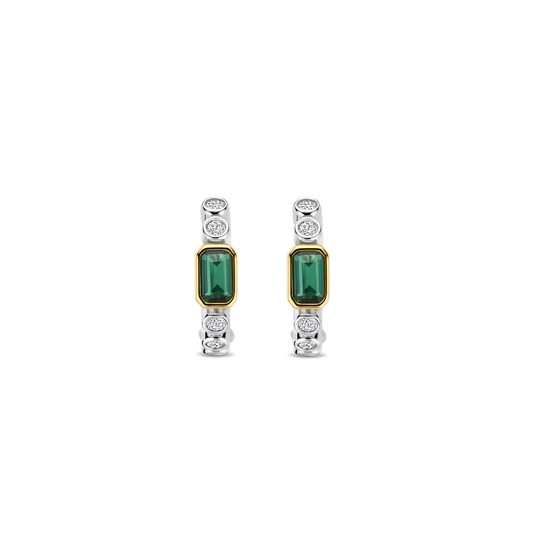 Tisento 15mm Two-Toned Baguette Green Zirconia Hoop Earrings