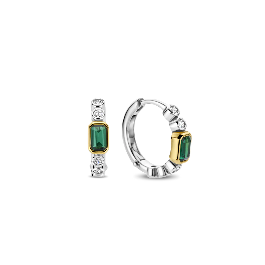 Tisento 15mm Two-Toned Baguette Green Zirconia Hoop Earrings