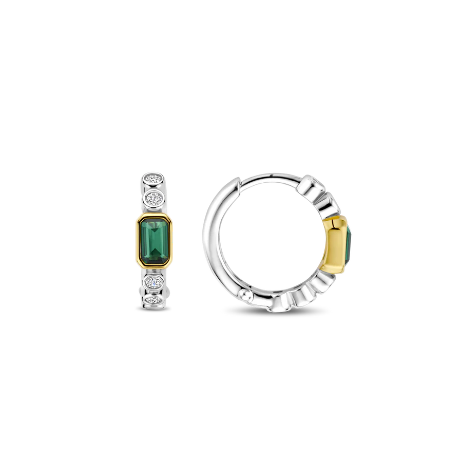 Tisento 15mm Two-Toned Baguette Green Zirconia Hoop Earrings