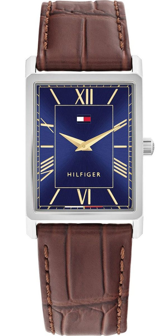 Tommy Hilfiger Rectangular Blue Dial Gents Brown Leather Watch