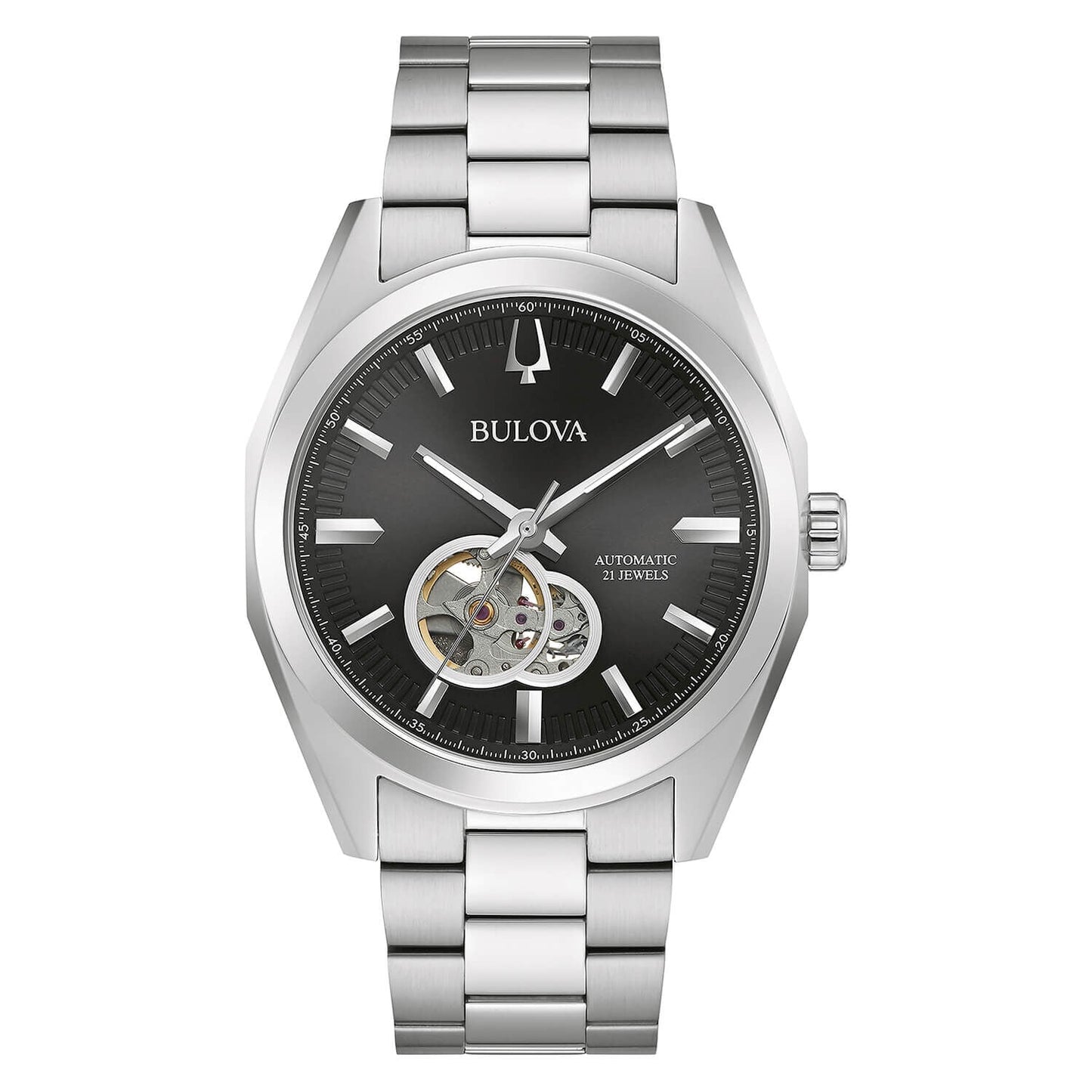 Bulova Surveyor Open Heart Automatic Black Dial Gents Stainless Steel Watch