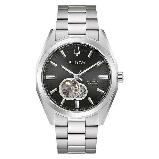 Bulova Surveyor Open Heart Automatic Black Dial Gents Stainless Steel Watch