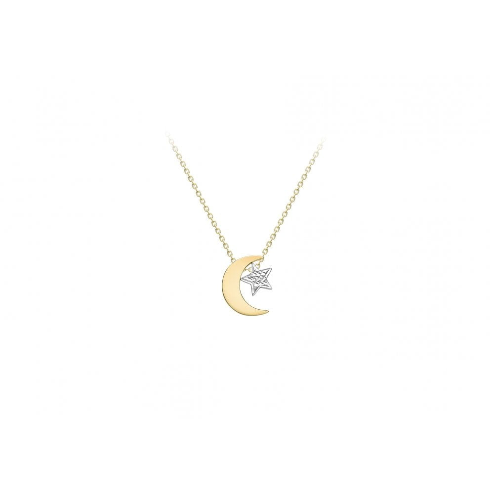 9CT 2-COLOUR GOLD 10MM X 11.8MM POLISHED MOON AND DIAMOND CUT STAR ADJUSTABLE NECKLACE 43CM/17"- 46CM/18"