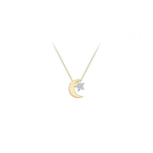 9CT 2-COLOUR GOLD 10MM X 11.8MM POLISHED MOON AND DIAMOND CUT STAR ADJUSTABLE NECKLACE 43CM/17"- 46CM/18"