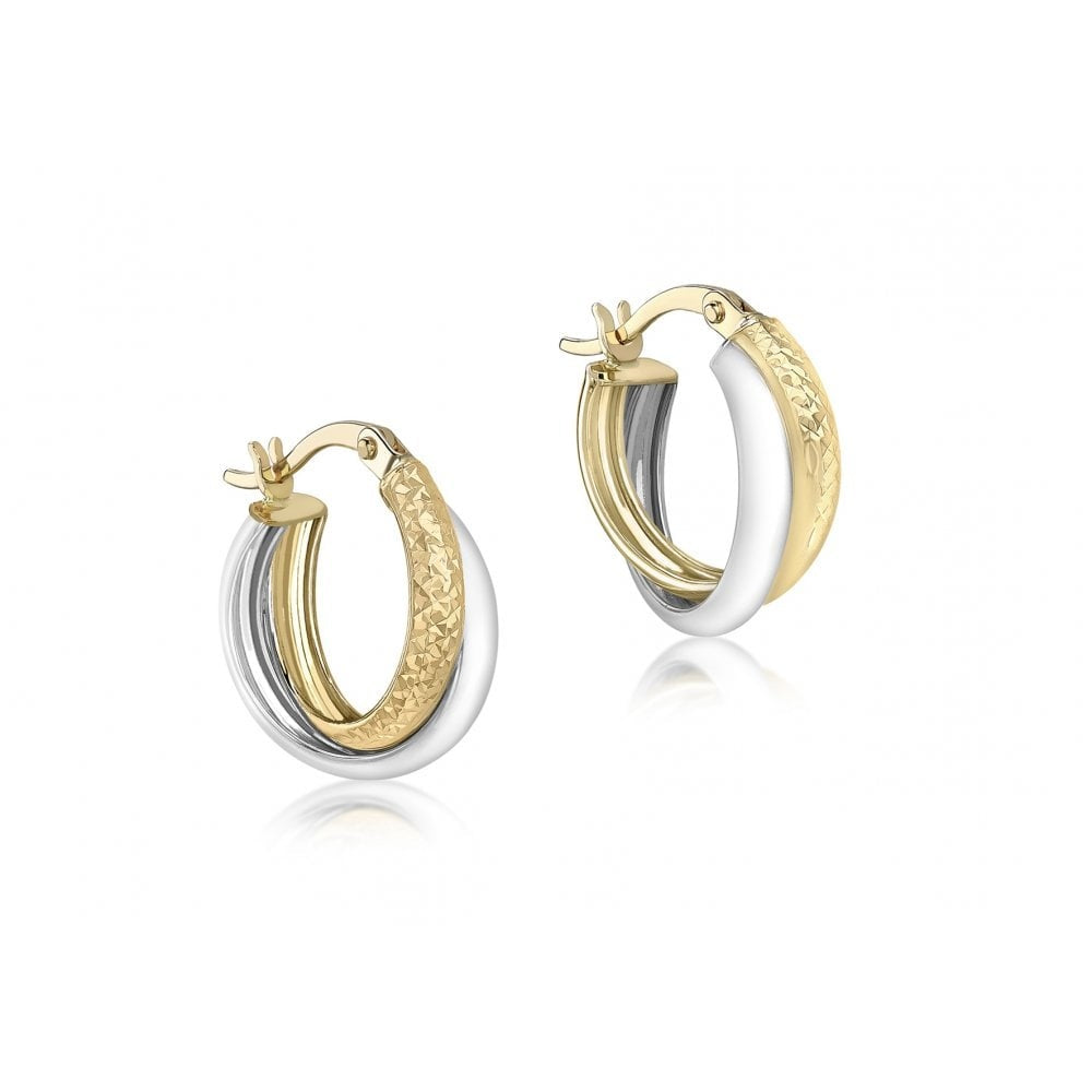 9CT 2-COLOUR GOLD 15MM DIAMOND CUT CROSSOVER CREOLE EARRINGS