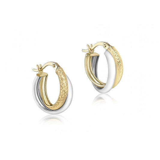 9CT 2-COLOUR GOLD 15MM DIAMOND CUT CROSSOVER CREOLE EARRINGS