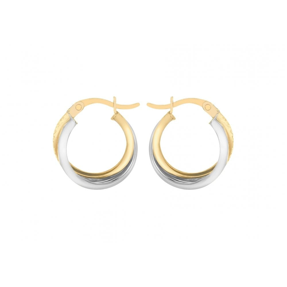 9CT 2-COLOUR GOLD 15MM DIAMOND CUT CROSSOVER CREOLE EARRINGS