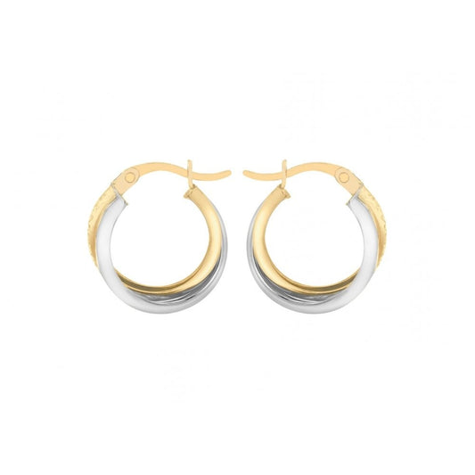 9CT 2-COLOUR GOLD 15MM DIAMOND CUT CROSSOVER CREOLE EARRINGS