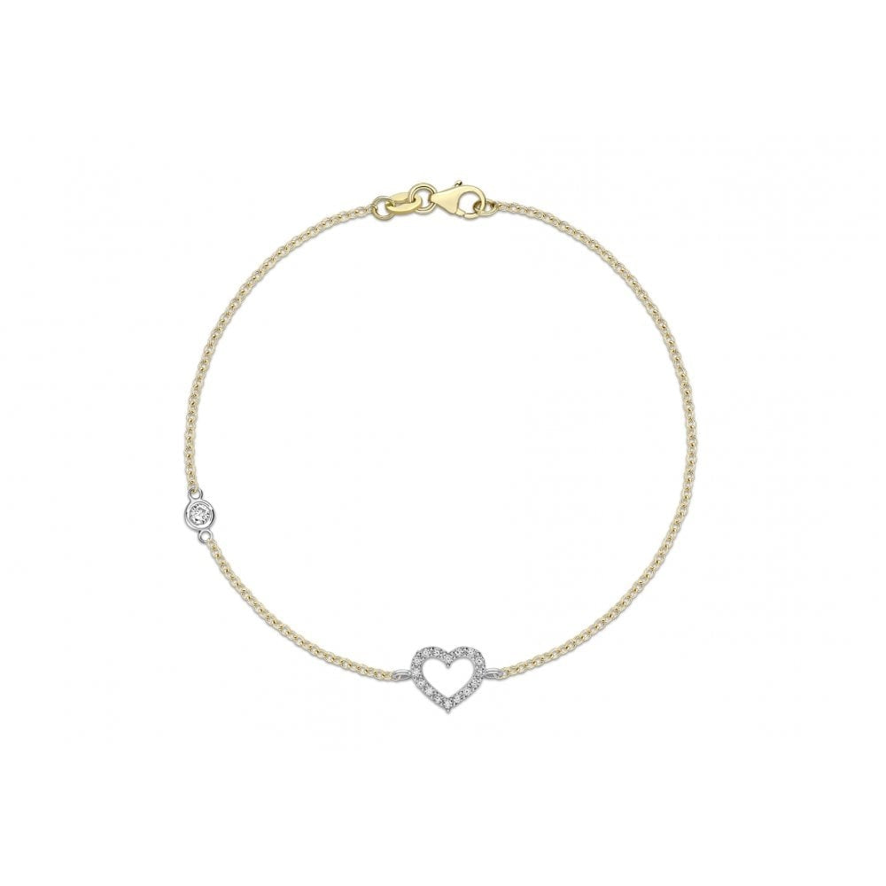 9CT 2-COLOUR GOLD 3.6MM CZ AND 13MM X 7.5MM CZ HEART BRACELET 19CM/7.5"