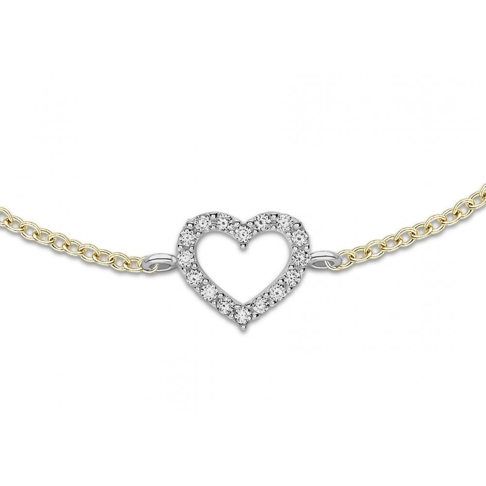 9CT 2-COLOUR GOLD 3.6MM CZ AND 13MM X 7.5MM CZ HEART BRACELET 19CM/7.5"