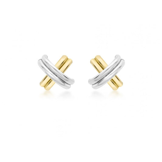 9CT 2-COLOUR GOLD CROSSOVER TUBE KISS STUD EARRINGS
