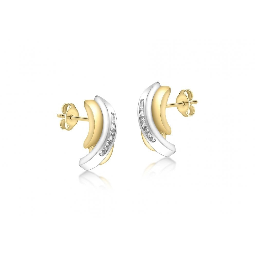 9CT 2-TONE GOLD CZ 4.8MM OVERLAP TRIPLE-BARS STUD EARRINGS