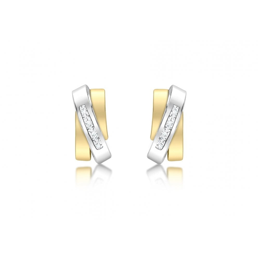 9CT 2-TONE GOLD CZ 4.8MM OVERLAP TRIPLE-BARS STUD EARRINGS