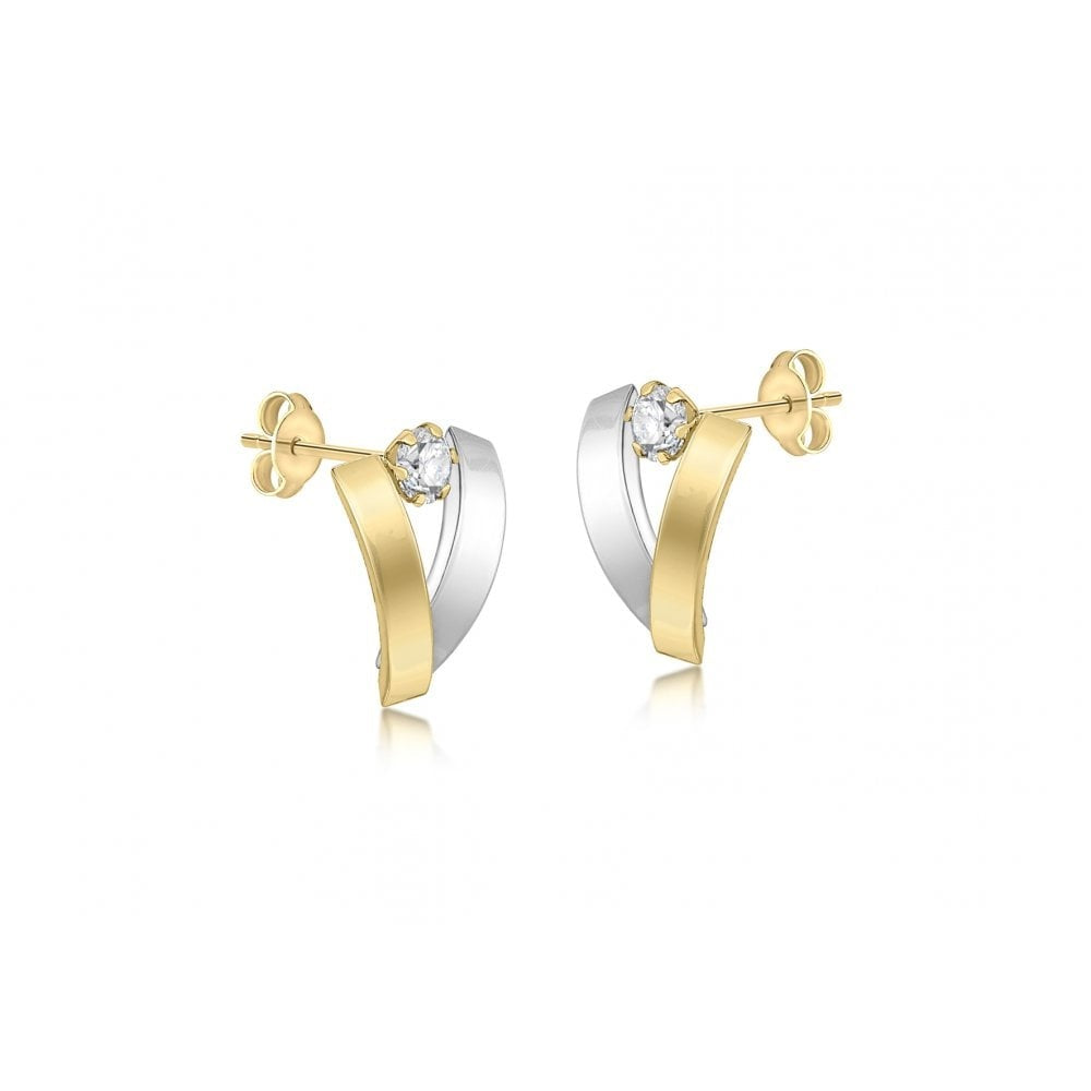 9CT 2-TONE GOLD CZ 8MM X 11MM OVERLAP STUD EARRINGS