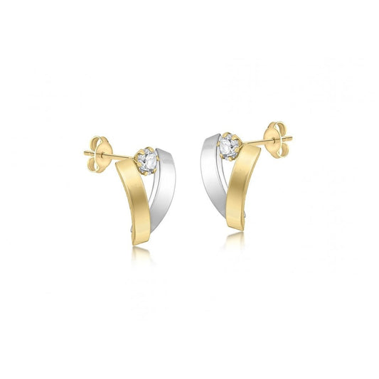 9CT 2-TONE GOLD CZ 8MM X 11MM OVERLAP STUD EARRINGS