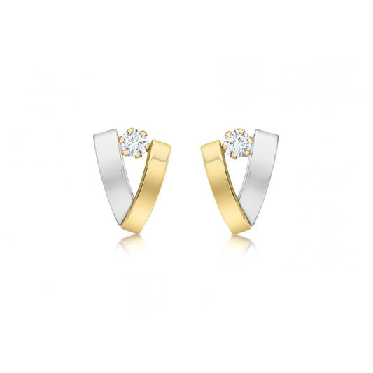 9CT 2-TONE GOLD CZ 8MM X 11MM OVERLAP STUD EARRINGS