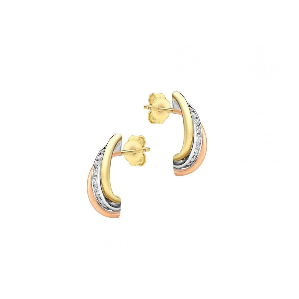 9CT 3-COLOUR GOLD CZ 5MM X 15MM RUSSIAN BAND EARRINGS
