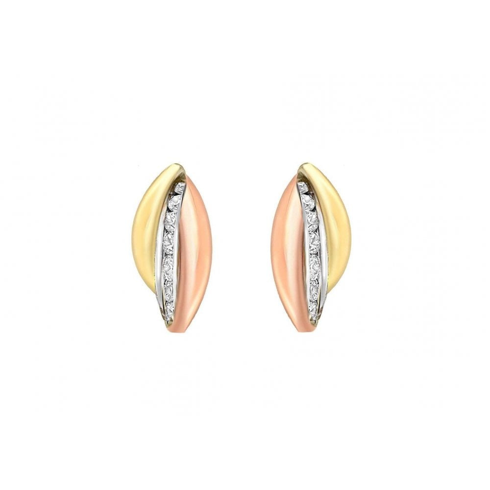 9CT 3-COLOUR GOLD CZ 5MM X 15MM RUSSIAN BAND EARRINGS