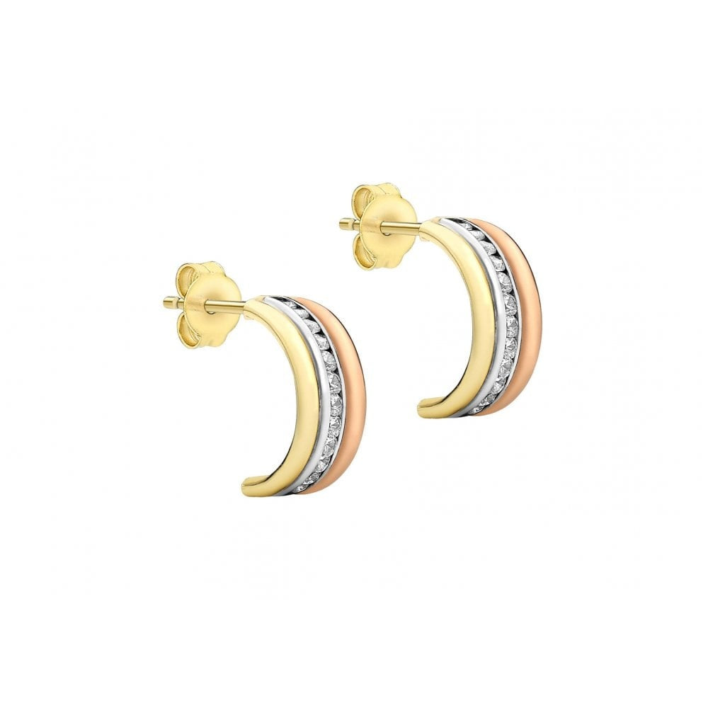 9CT 3-COLOUR GOLD CZ HALF HOOP EARRINGS