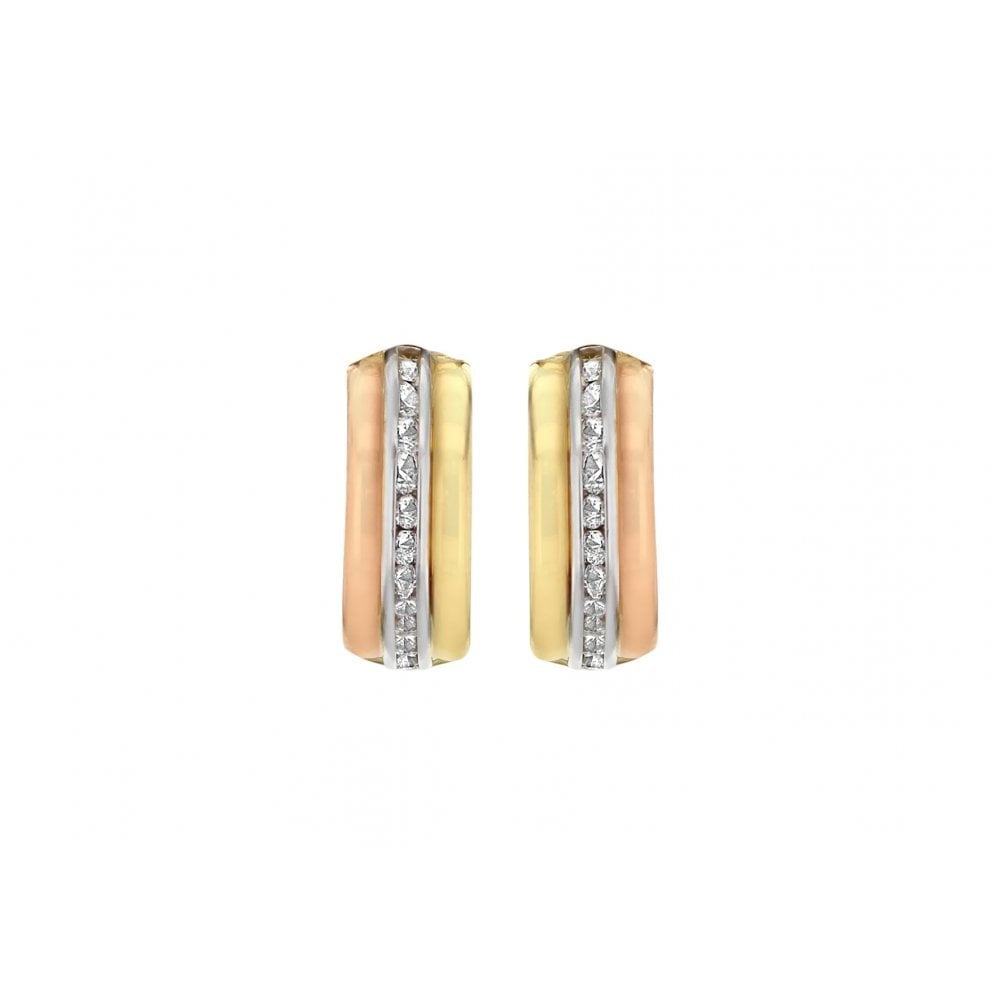9CT 3-COLOUR GOLD CZ HALF HOOP EARRINGS