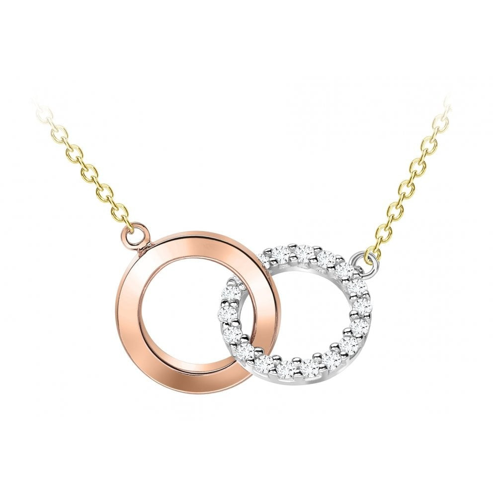 9CT 3-COLOUR GOLD CZ LINKED RINGS ADJUSTABLE NECKLACE 41CM/16"-46CM/18"
