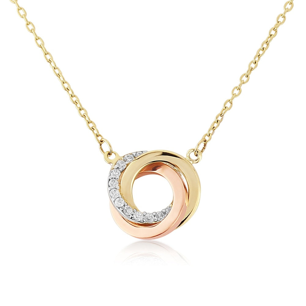 9CT 3 COLOUR GOLD PENDANT WITH CUBIC ZIRCONIA & 18" 9CT GOLD CHAIN