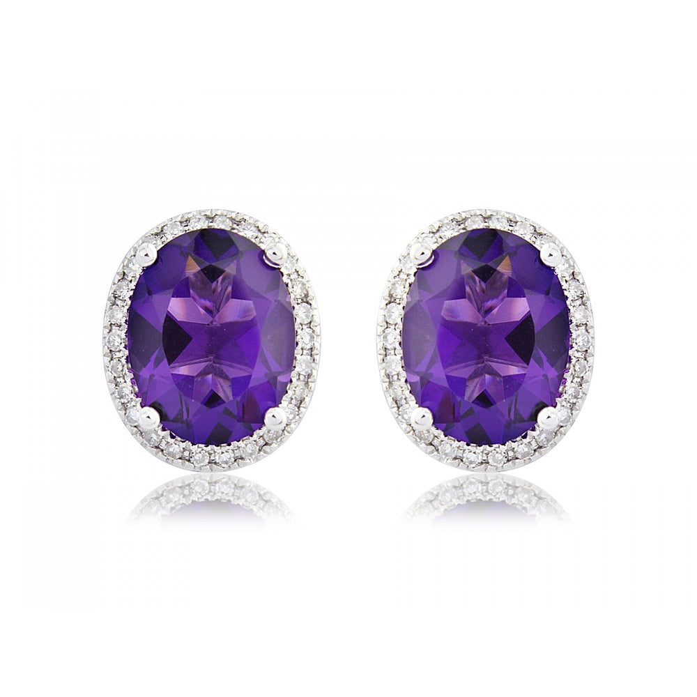 9CT AMETHYST & DIAMOND OVAL STUD EARRINGS