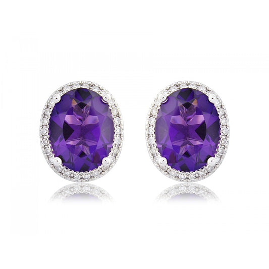 9CT AMETHYST & DIAMOND OVAL STUD EARRINGS