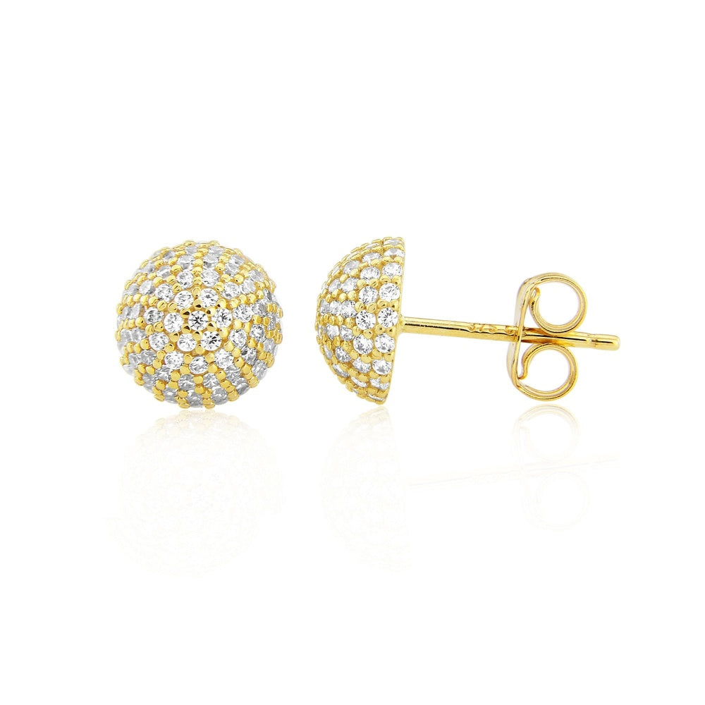 9CT DOME SHAPED PAVE STYLE GOLD STUD EARRINGS WITH CUBIC ZIRCONIA