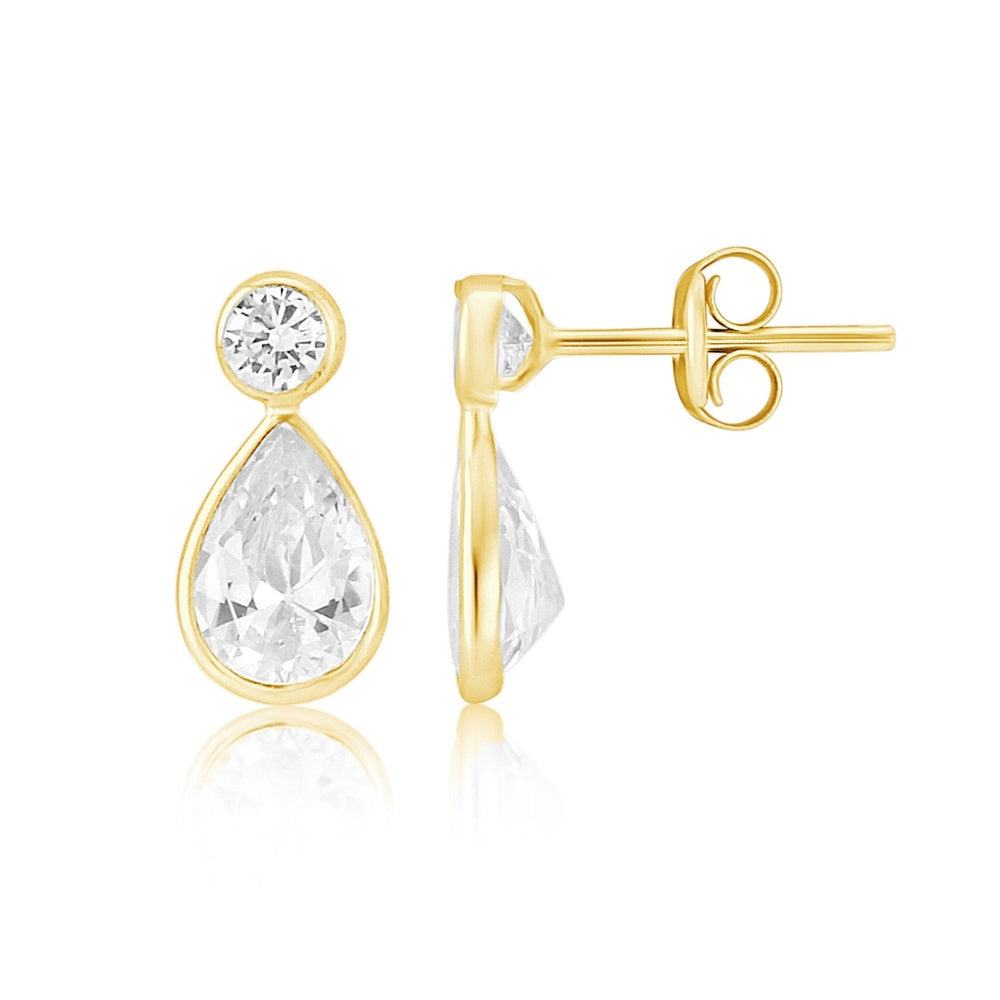 9CT DROP CUBIC ZIRCONIA EARRINGS WITH ROUND CZ AT TOP AND TEARDROP SHAPE DROP